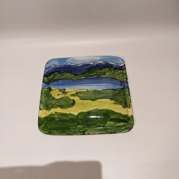 Hand-Painted Decorative Plate – Double-Sided Art – Mountain, River & Poppies - Picture 4 of 5